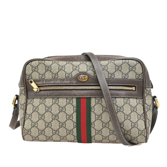 GUCCI Logo Sherry GG Pattern Shoulder Bag PVC Leather Brown Gold Italy 73EF178 - Picture 1 of 16